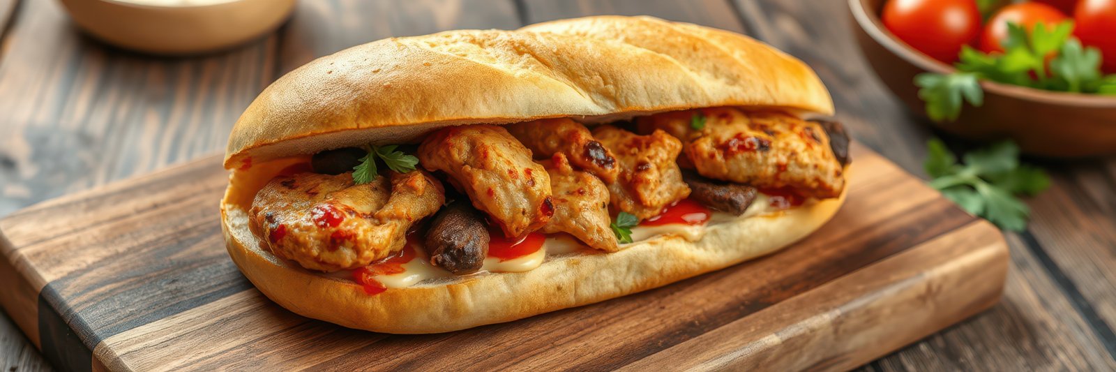Delicious chicken sandwich with fresh toppings served on a wooden board in a cozy kitchen setting